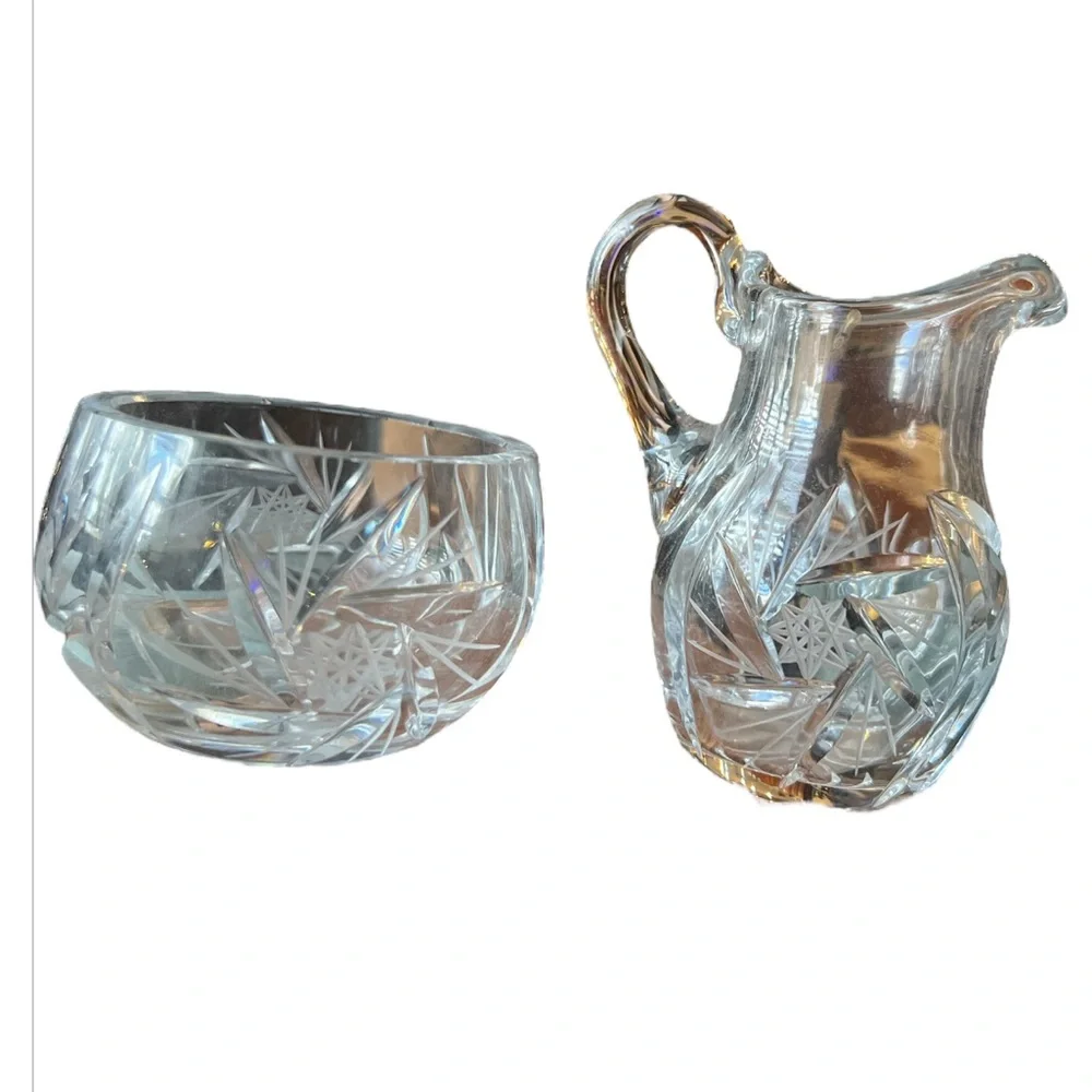 Vintage Crystal Glass Creamer Pitcher & Sugar Pot Pinwheel Star of David